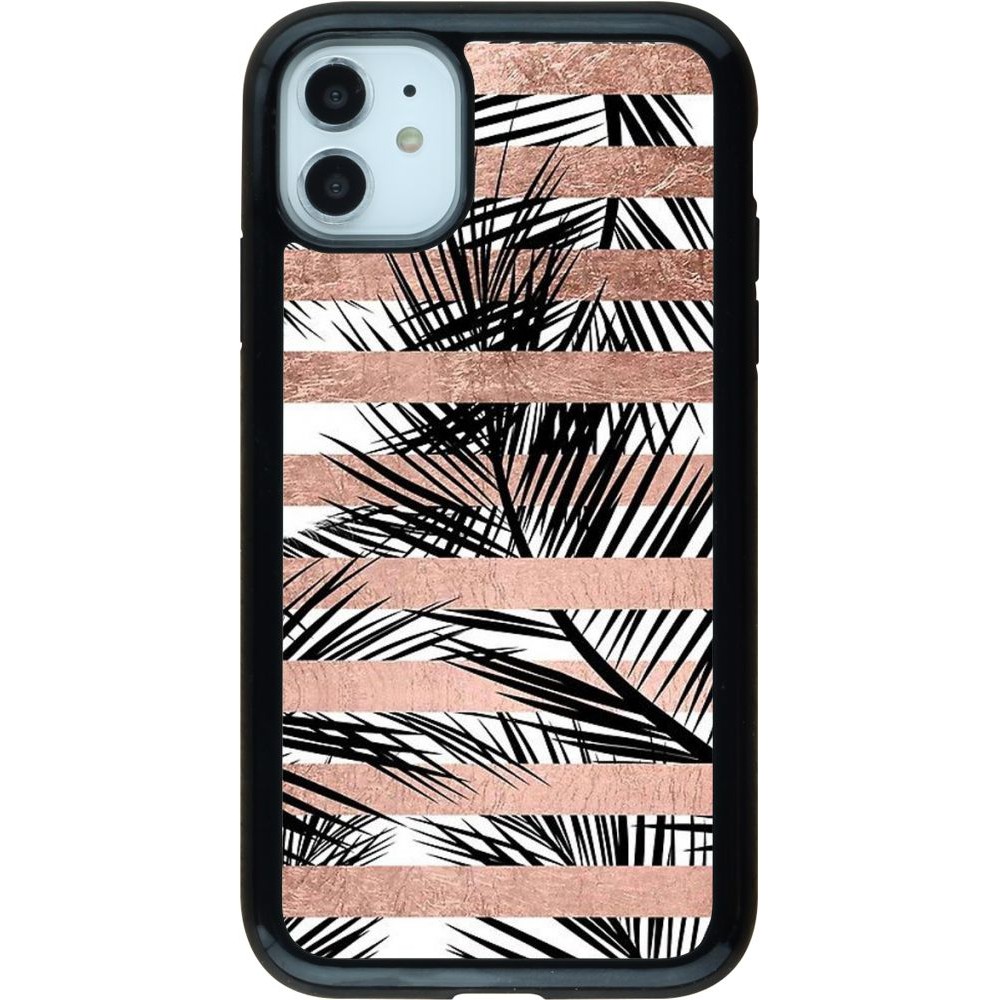 Coque iPhone 11 - Hybrid Armor noir Palm trees gold stripes