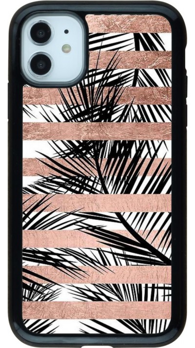 Coque iPhone 11 - Hybrid Armor noir Palm trees gold stripes