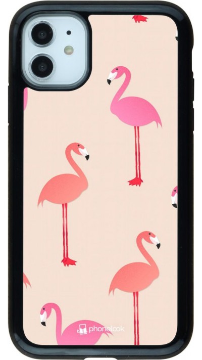 Coque iPhone 11 - Hybrid Armor noir Pink Flamingos Pattern