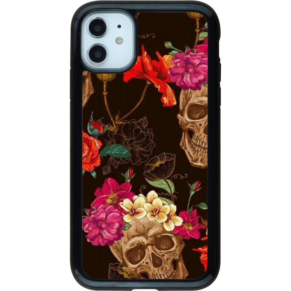 Coque iPhone 11 - Hybrid Armor noir Skulls and flowers