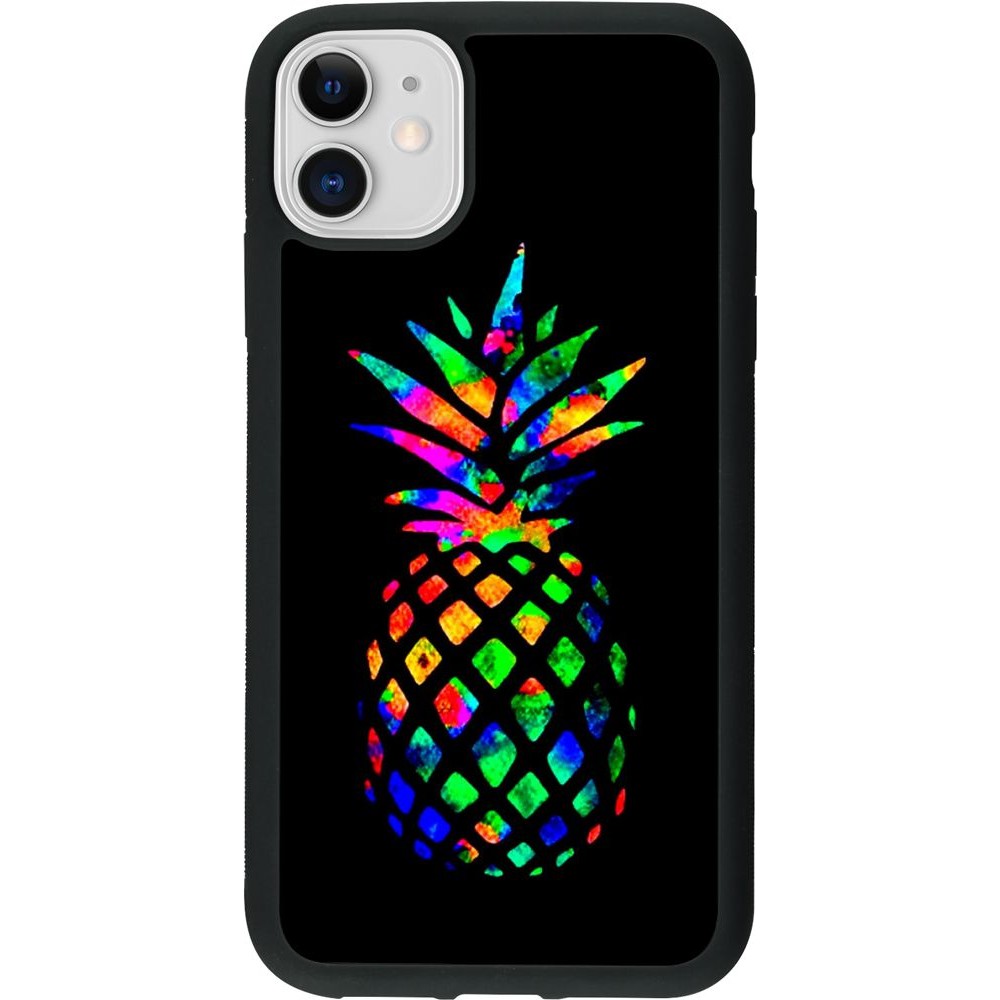 Coque iPhone 11 - Silicone rigide noir Ananas Multi-colors