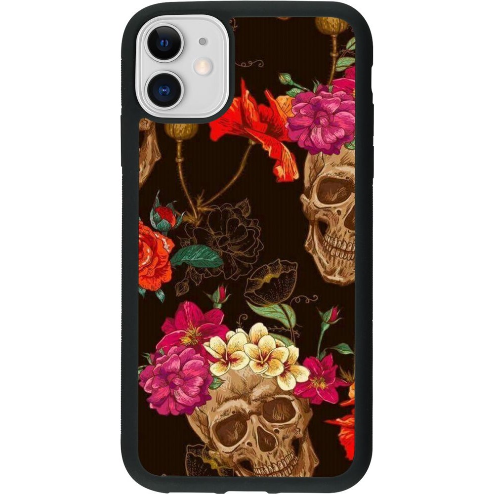 Hülle iPhone 11 - Silikon schwarz Skulls and flowers