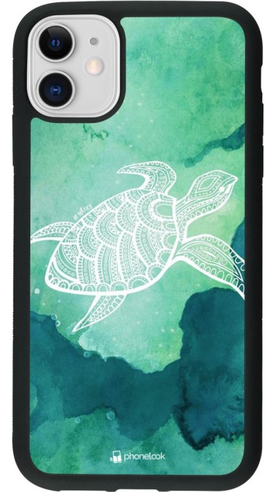 Coque iPhone 11 - Silicone rigide noir Turtle Aztec Watercolor