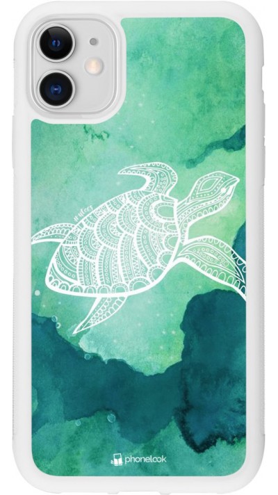 Coque iPhone 11 - Silicone rigide blanc Turtle Aztec Watercolor