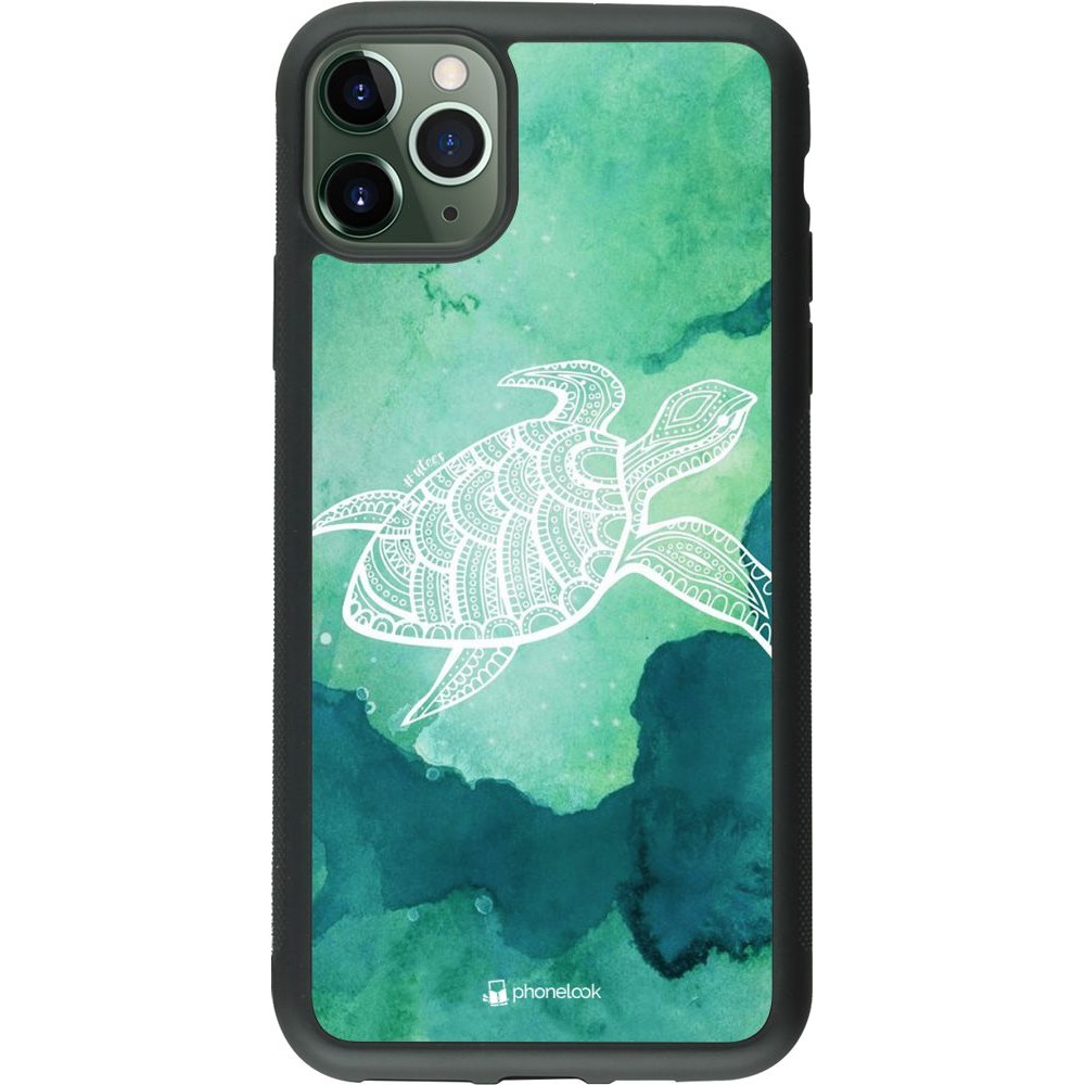 Coque iPhone 11 Pro Max - Silicone rigide noir Turtle Aztec Watercolor
