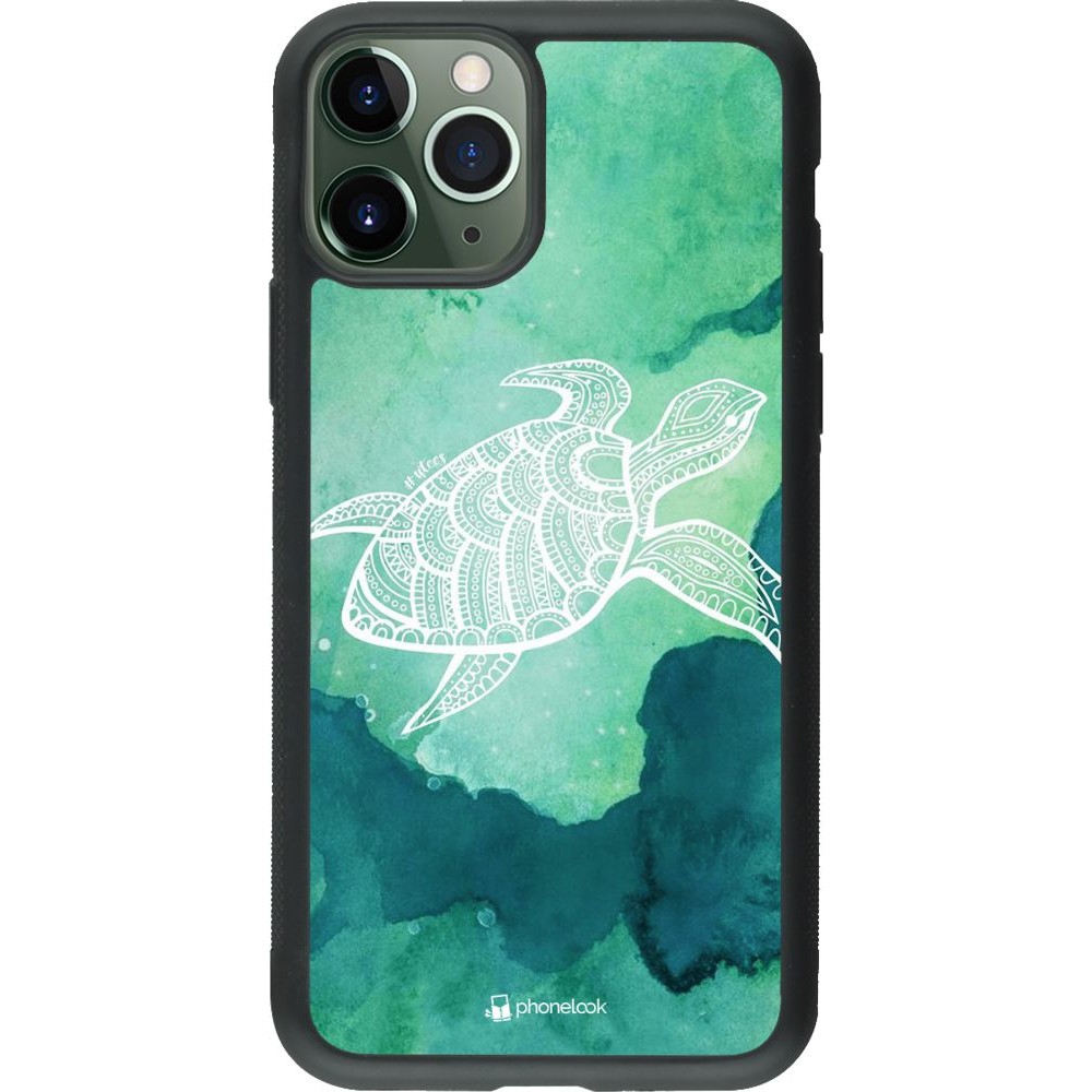 Coque iPhone 11 Pro - Silicone rigide noir Turtle Aztec Watercolor
