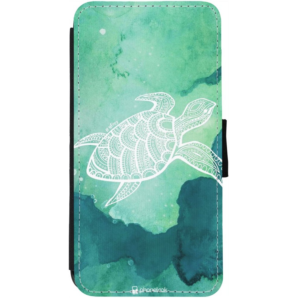 Coque iPhone 12 Pro Max - Wallet noir Turtle Aztec Watercolor