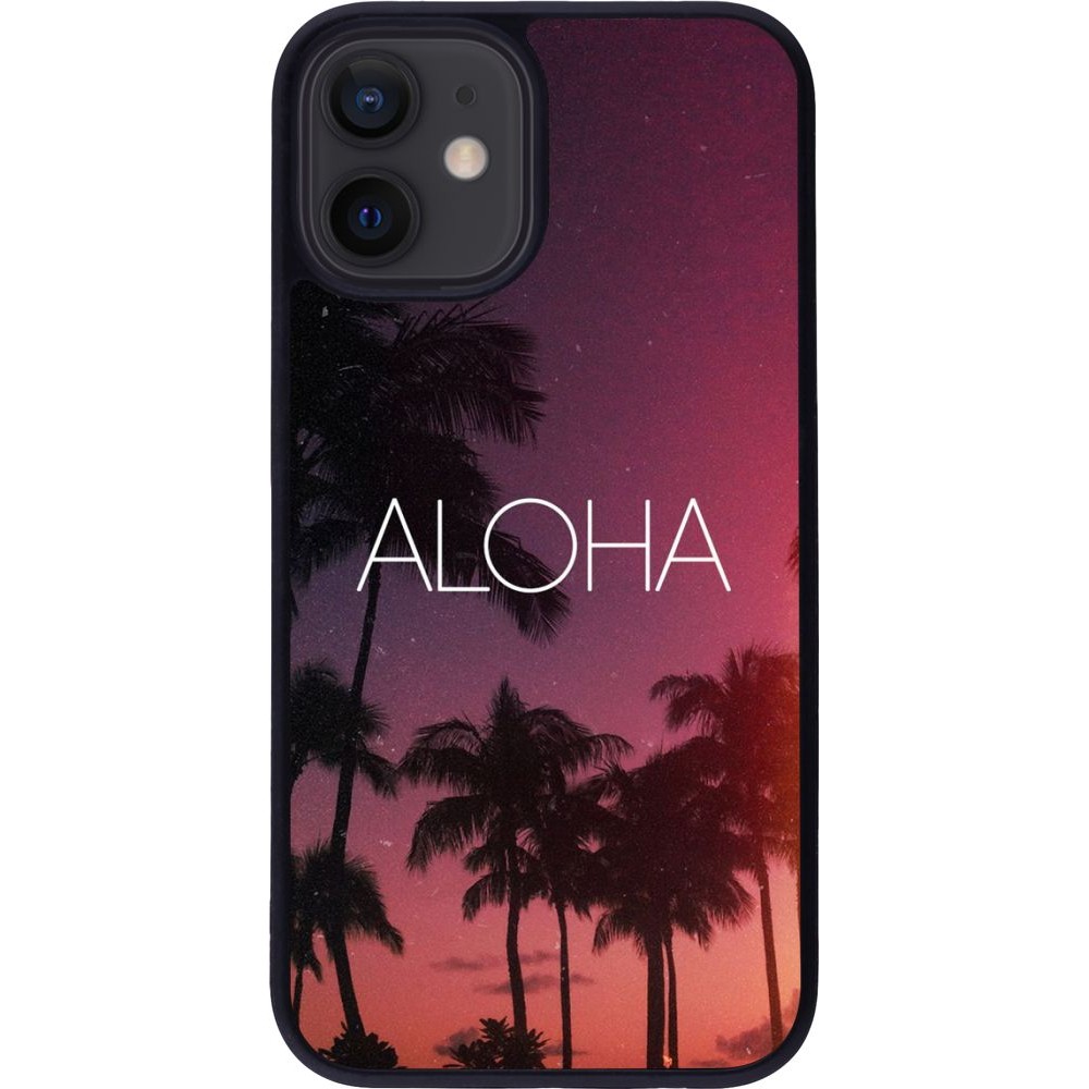 Coque iPhone 12 mini - Silicone rigide noir Aloha Sunset Palms