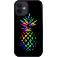 Coque iPhone 12 mini - Silicone rigide noir Ananas Multi-colors