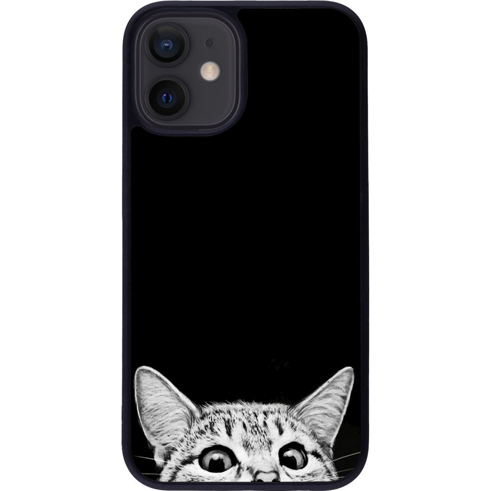 Coque iPhone 12 mini - Silicone rigide noir Cat Looking Up Black