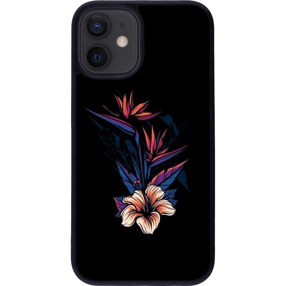 Coque iPhone 12 mini - Silicone rigide noir Dark Flowers