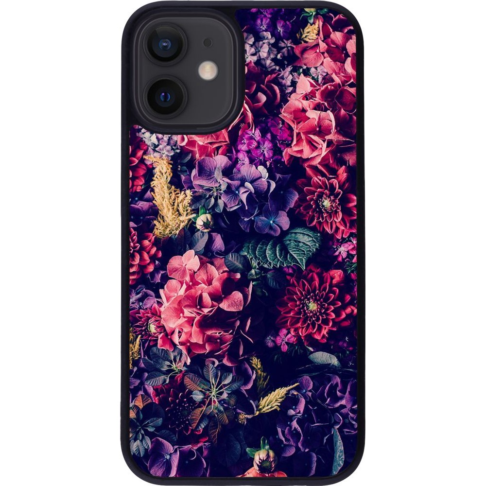 Coque iPhone 12 mini - Silicone rigide noir Flowers Dark
