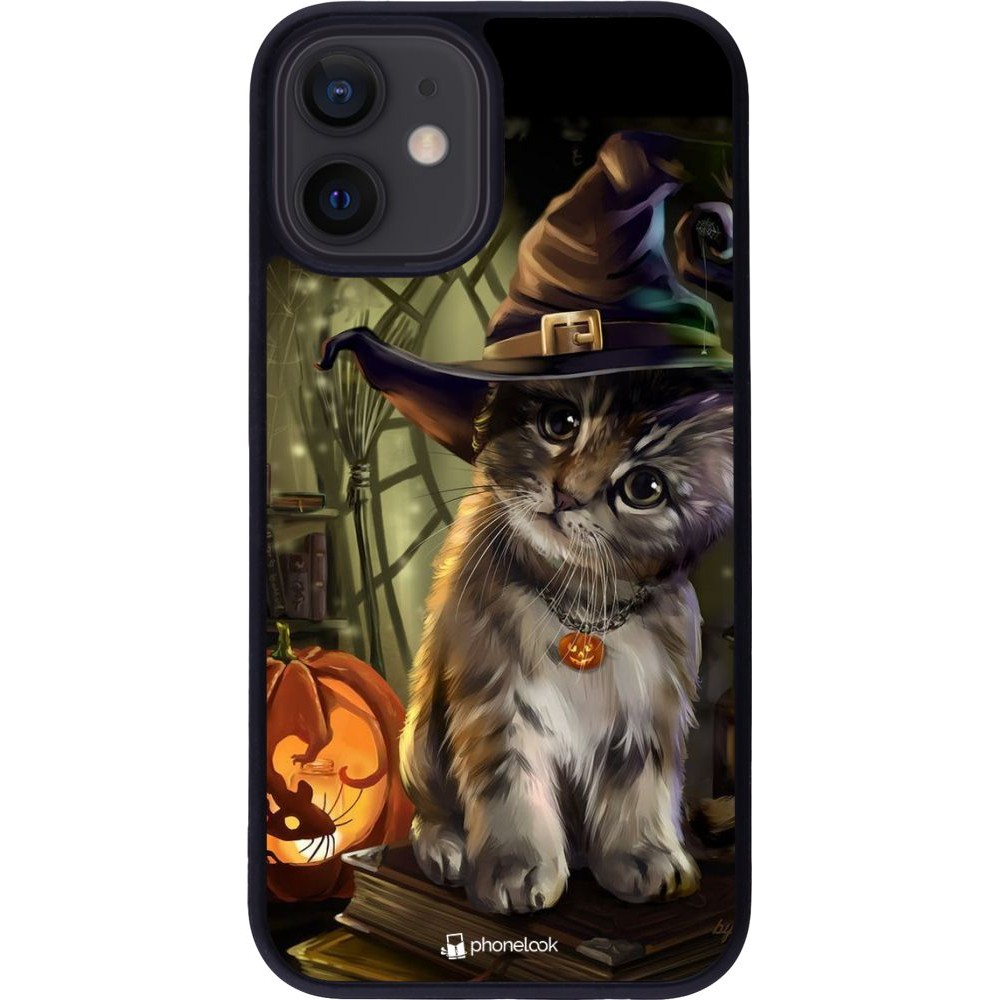 Coque iPhone 12 mini - Silicone rigide noir Halloween 21 Witch cat