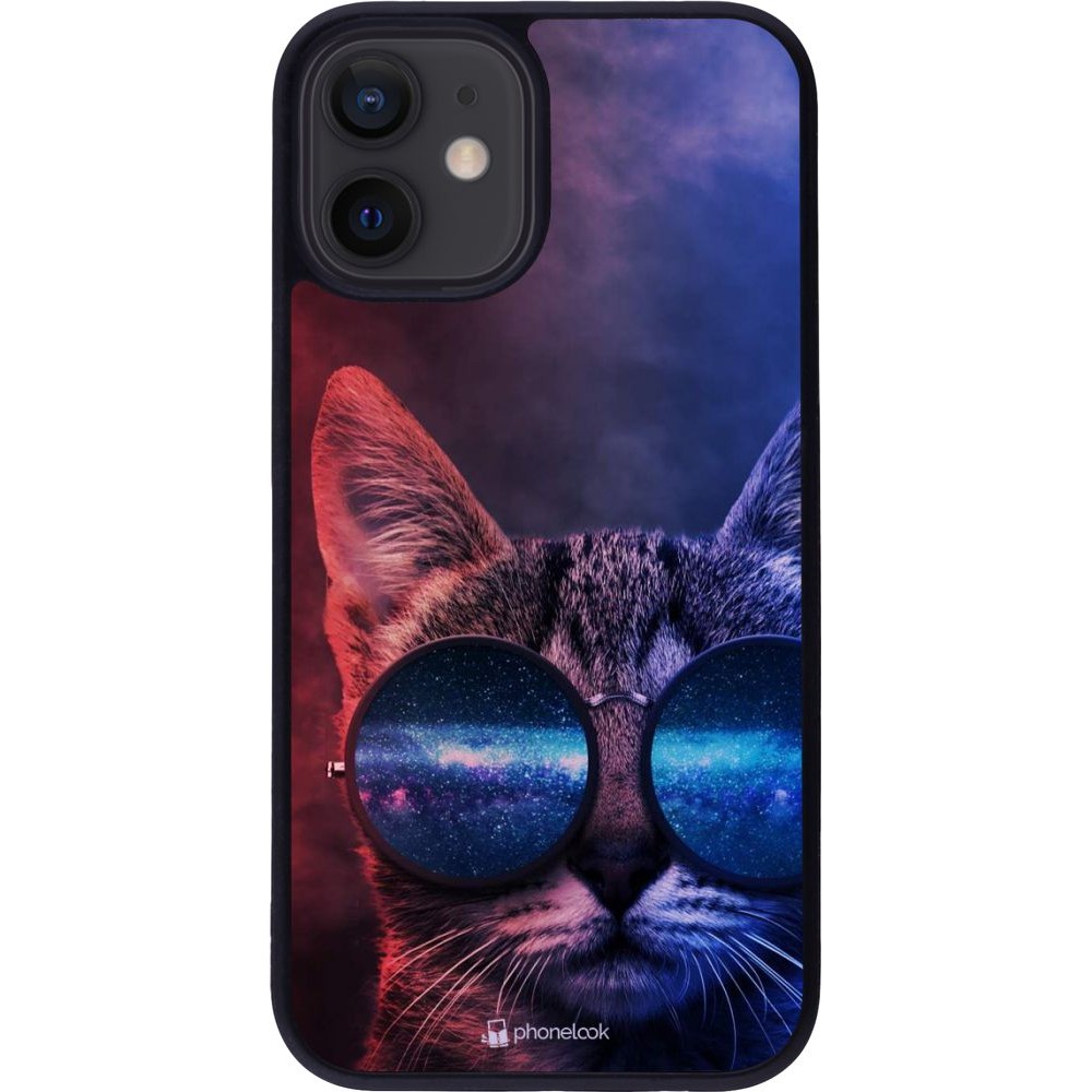 Coque iPhone 12 mini - Silicone rigide noir Red Blue Cat Glasses