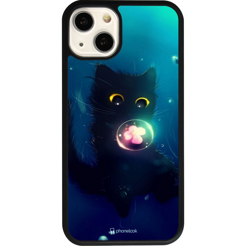 Coque iPhone 13 - Silicone rigide noir Cute Cat Bubble