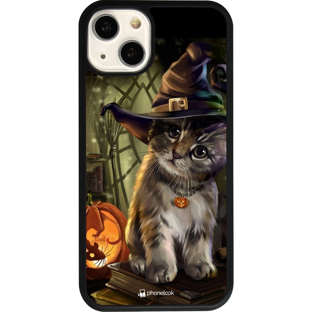 Coque iPhone 13 - Silicone rigide noir Halloween 21 Witch cat