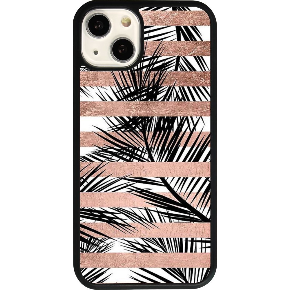 Coque iPhone 13 - Silicone rigide noir Palm trees gold stripes