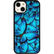 Coque iPhone 13 - Silicone rigide noir Papillon - Bleu