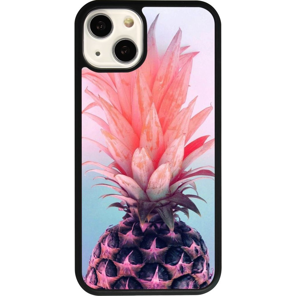 Coque iPhone 13 - Silicone rigide noir Purple Pink Pineapple