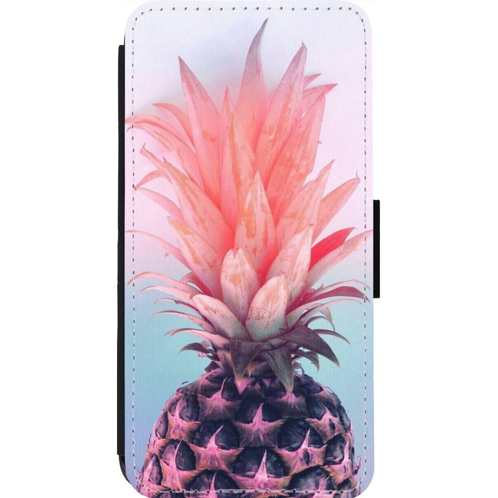 Coque iPhone 13 Pro Max - Wallet noir Purple Pink Pineapple
