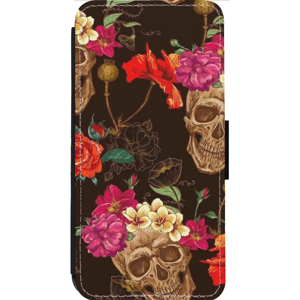 Coque iPhone 13 Pro Max - Wallet noir Skulls and flowers