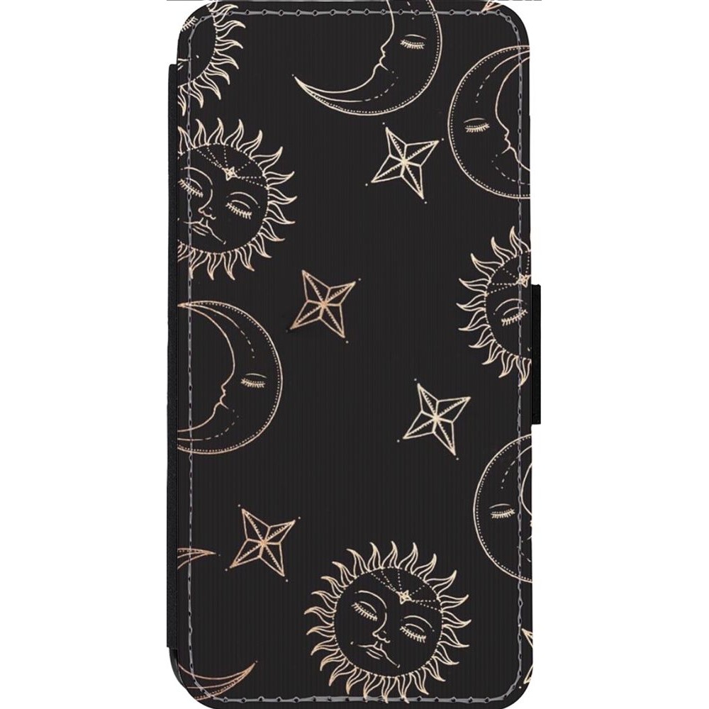Coque iPhone 13 Pro Max - Wallet noir Suns and Moons