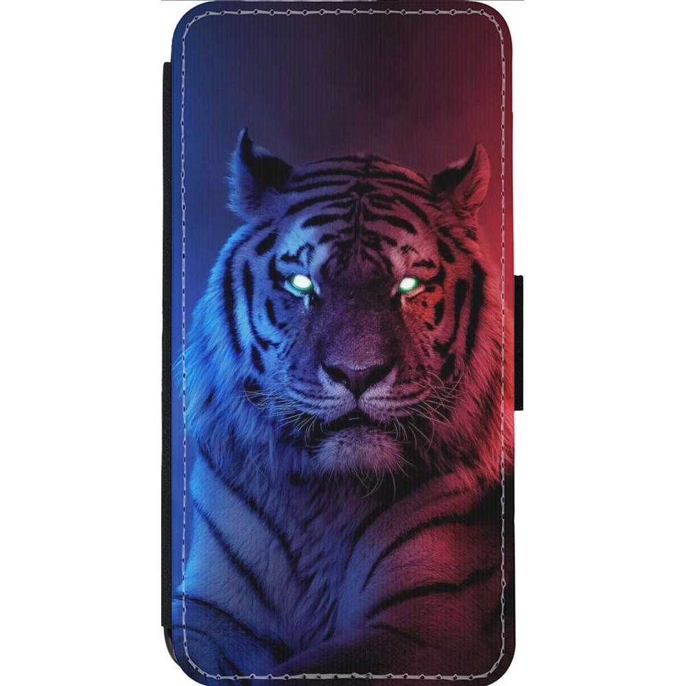Coque iPhone 13 Pro Max - Wallet noir Tiger Blue Red