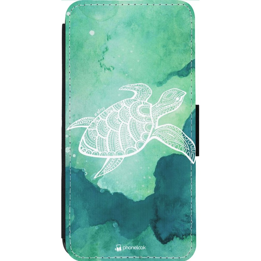 Coque iPhone 13 Pro Max - Wallet noir Turtle Aztec Watercolor