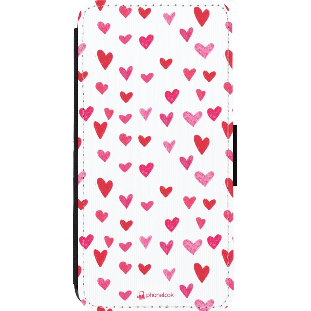 Coque iPhone 13 Pro Max - Wallet noir Valentine 2022 Many pink hearts