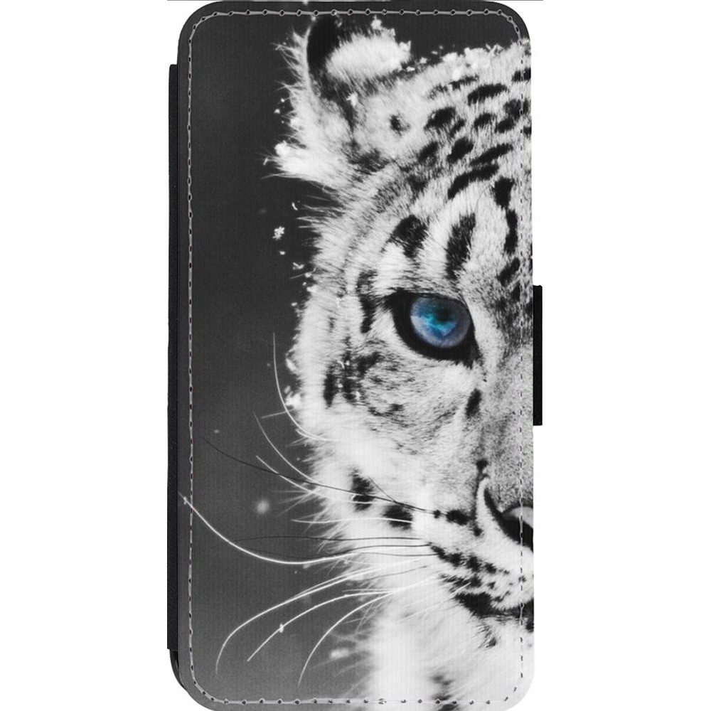 Coque iPhone 13 Pro Max - Wallet noir White tiger blue eye
