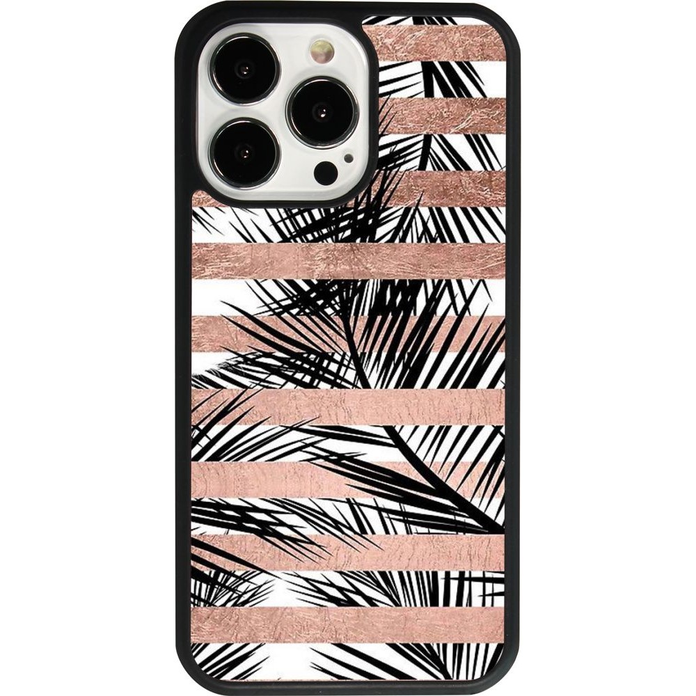 Coque iPhone 13 Pro - Silicone rigide noir Palm trees gold stripes