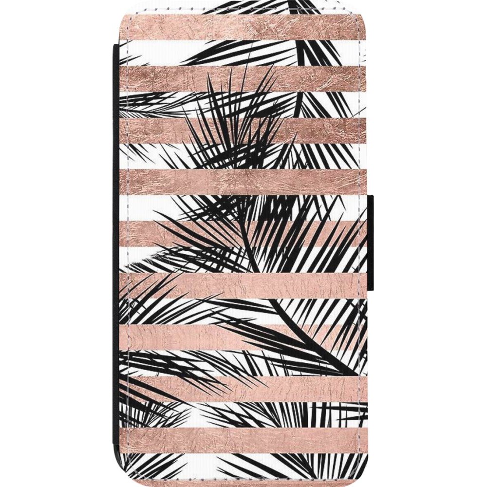 Coque iPhone 13 Pro - Wallet noir Palm trees gold stripes