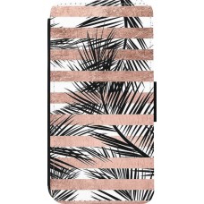 Coque iPhone 13 Pro - Wallet noir Palm trees gold stripes