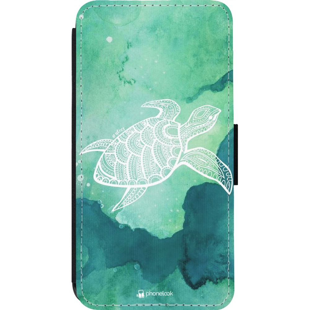 Coque iPhone 13 Pro - Wallet noir Turtle Aztec Watercolor