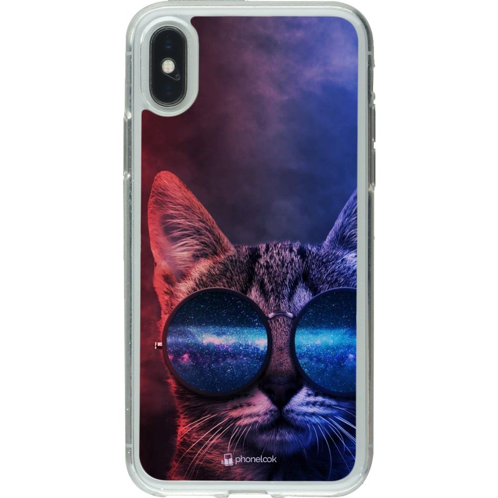 Coque iPhone X / Xs - Gel transparent Red Blue Cat Glasses