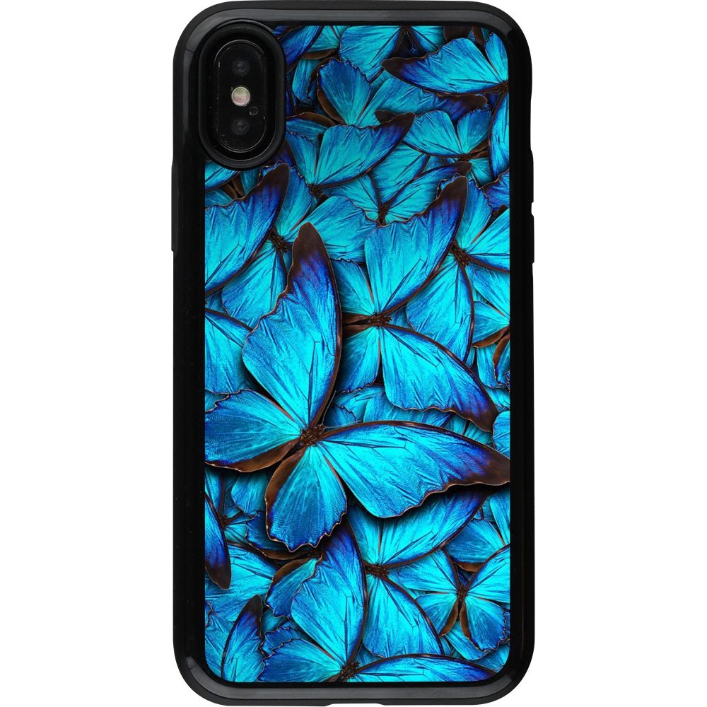 Coque iPhone X / Xs - Hybrid Armor noir Papillon - Bleu