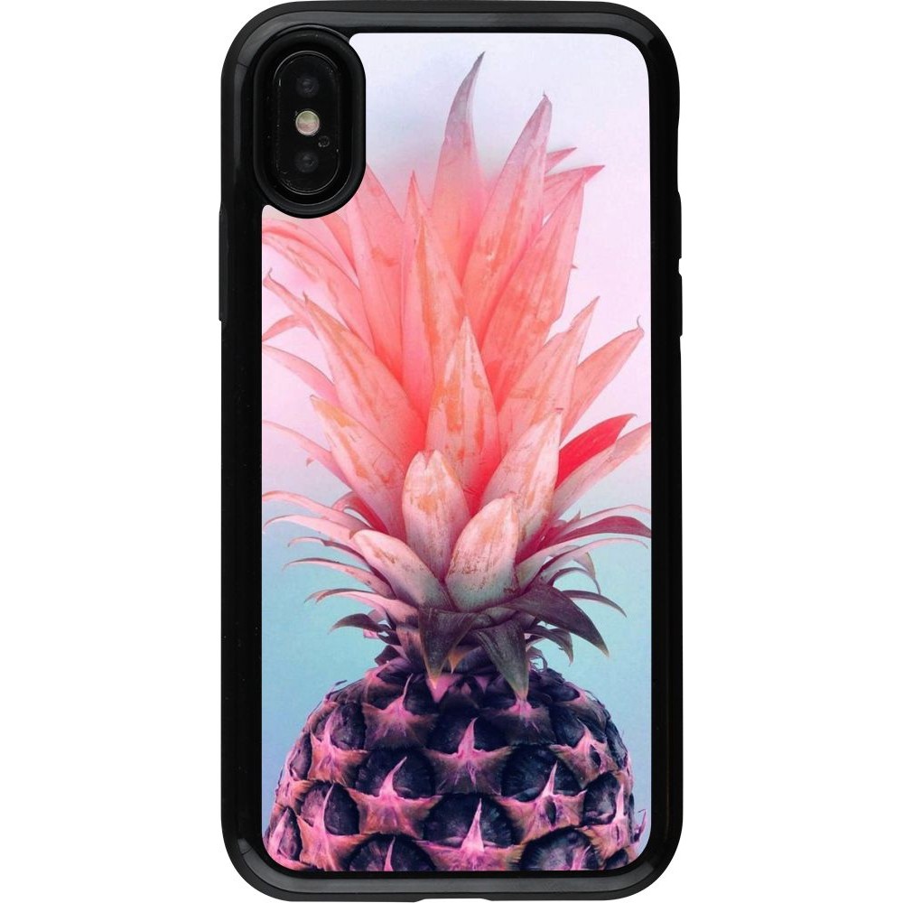 Coque iPhone X / Xs - Hybrid Armor noir Purple Pink Pineapple