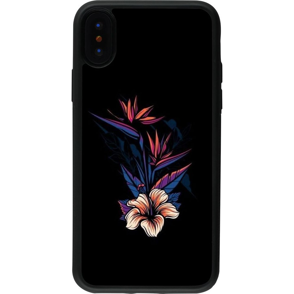 Coque iPhone X / Xs - Silicone rigide noir Dark Flowers
