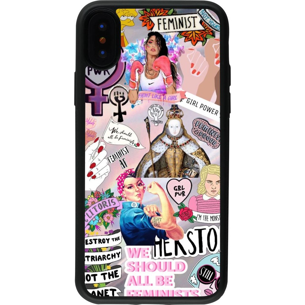 Coque iPhone X / Xs - Silicone rigide noir Girl Power Collage
