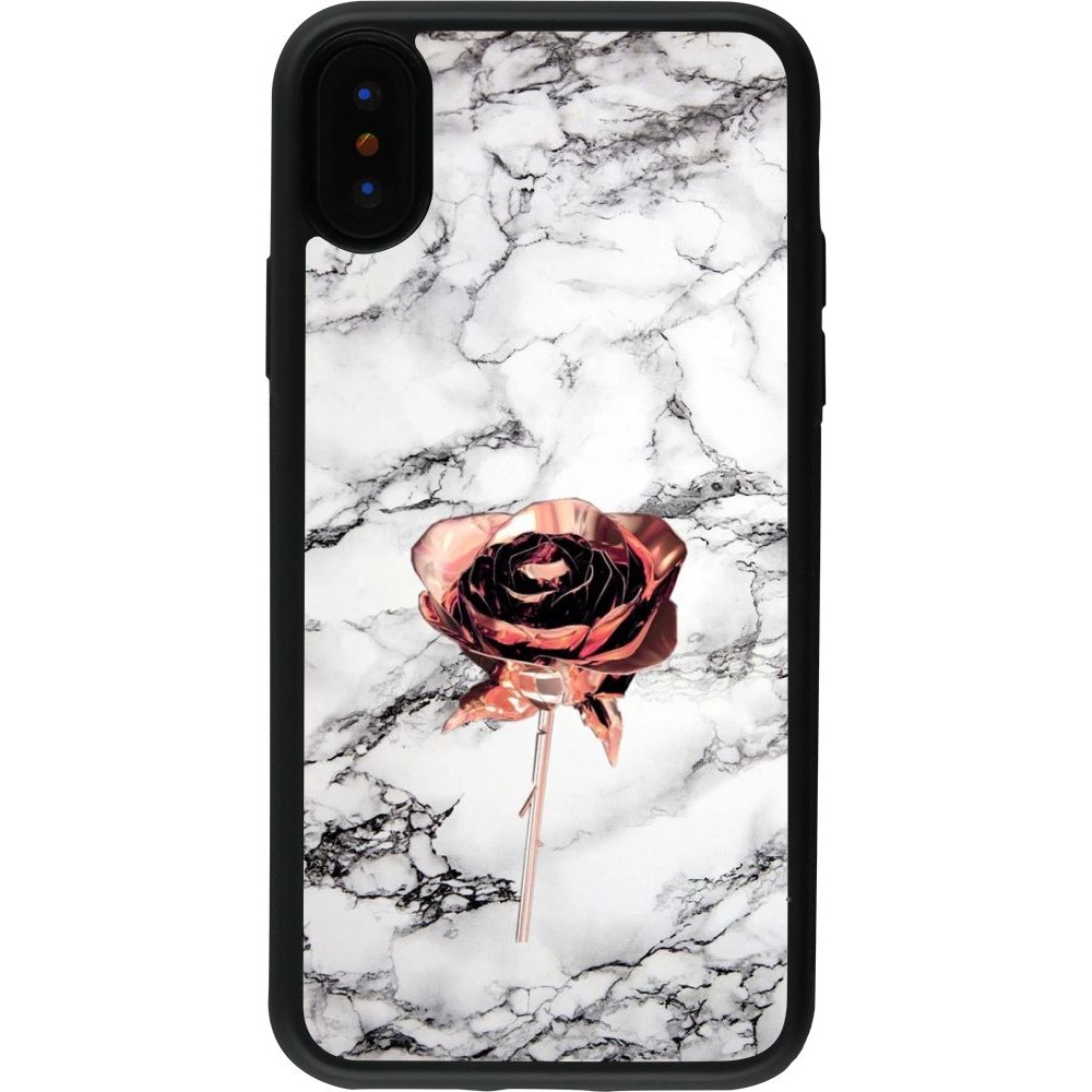 Coque iPhone X / Xs - Silicone rigide noir Marble Rose Gold