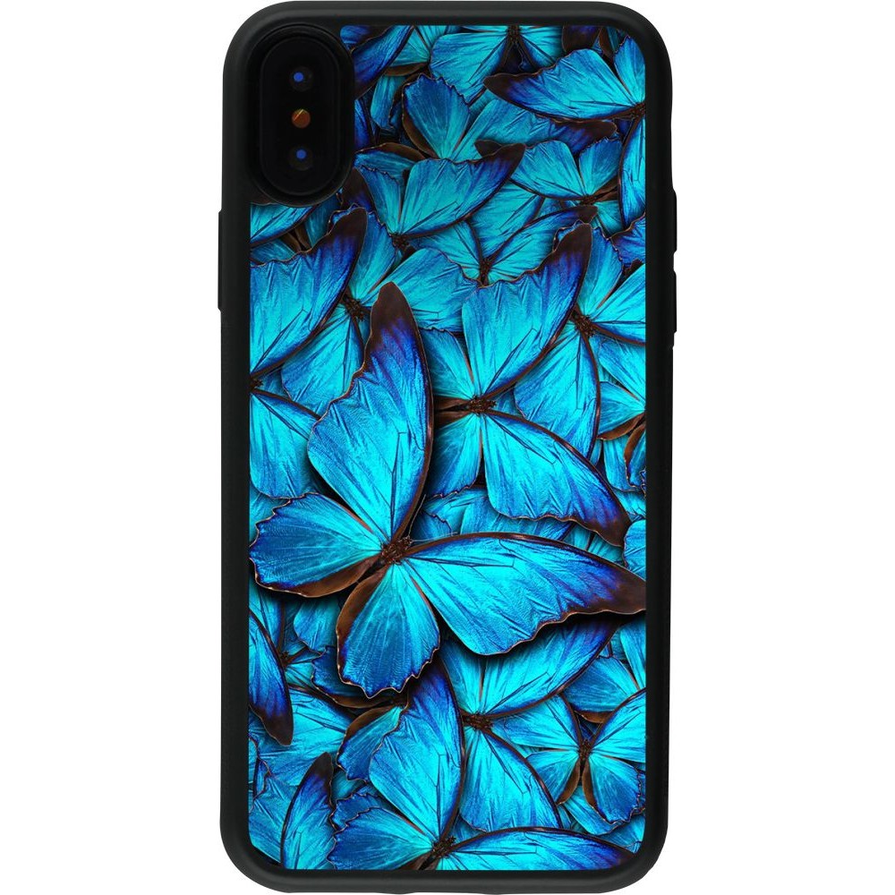 Coque iPhone X / Xs - Silicone rigide noir Papillon - Bleu