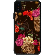 Coque iPhone X / Xs - Silicone rigide noir Skulls and flowers