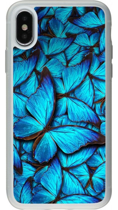 Coque iPhone X / Xs - Silicone rigide transparent Papillon - Bleu