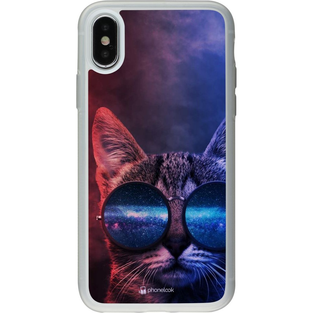 Coque iPhone X / Xs - Silicone rigide transparent Red Blue Cat Glasses