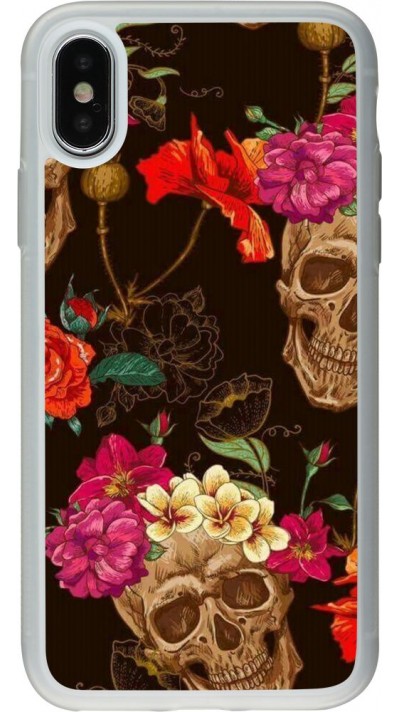 Coque iPhone X / Xs - Silicone rigide transparent Skulls and flowers