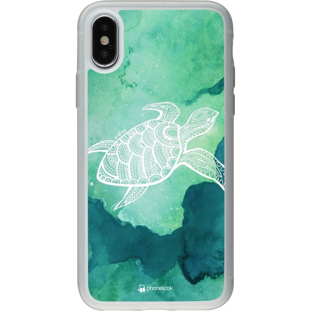 Coque iPhone X / Xs - Silicone rigide transparent Turtle Aztec Watercolor