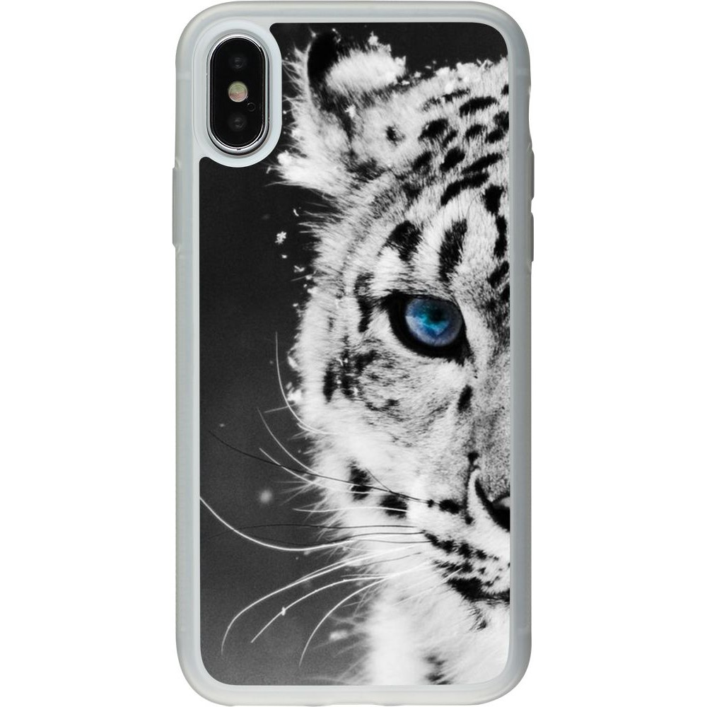 Coque iPhone X / Xs - Silicone rigide transparent White tiger blue eye