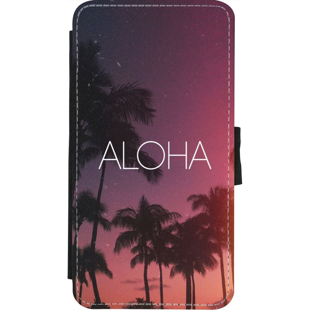 Coque iPhone X / Xs - Wallet noir Aloha Sunset Palms