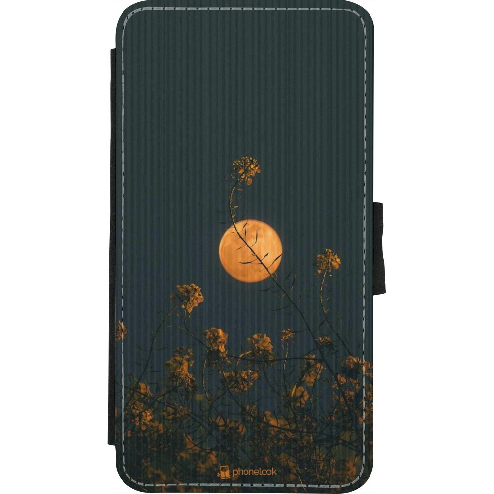 Coque iPhone X / Xs - Wallet noir Moon Flowers