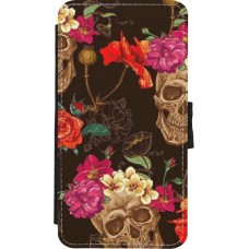Coque iPhone X / Xs - Wallet noir Skulls and flowers